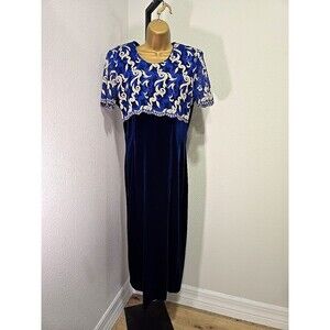 Vtg 80s Velvet Dress Womens Lge Blue Metallic Midi Formal Cocktail Old Hollywood